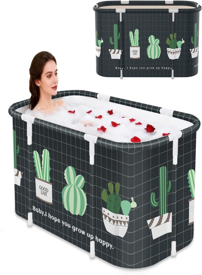 Valajogi Foldable Adult Bath Tub for Home Spa | Large Portable Bathtub with Backrest & Handle | Insulated Folding Tub for Hot & Cold Soak, Ice Bath, Bubble Bath & Relaxing Spa (Cactus) - Image 1
